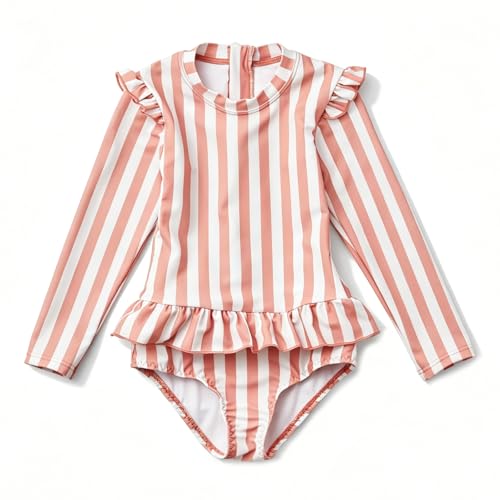 LDIOIF Toddler Girls One Piece Bathing Suit Pink Striped Swimsuit Zipper Long Sleeve Rash Guard Swimwear with Ruffle Hem 4-5T - Image 1