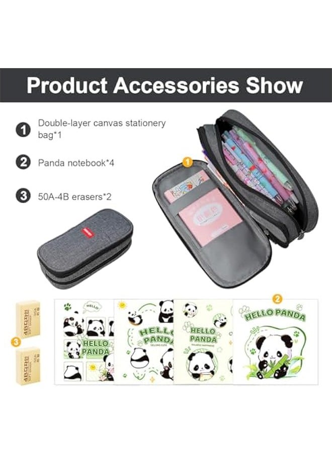 TRASSLE Big Capacity Pencil Case, Fashionable Pencil Case for Girls and Boys, Canvas Pencil Pouch,With Name Stickers and Cute Cute Panda Notebook For Office College School  - Image 2