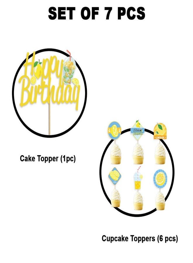 Festiko® Set of 7 Pcs Lemon Theme Happy Birthday Combo (Cake & Cupcake Toppers), Cake Decoration Supplies, Lemon Theme Decorations, Birthday Decoration Items - Image 2