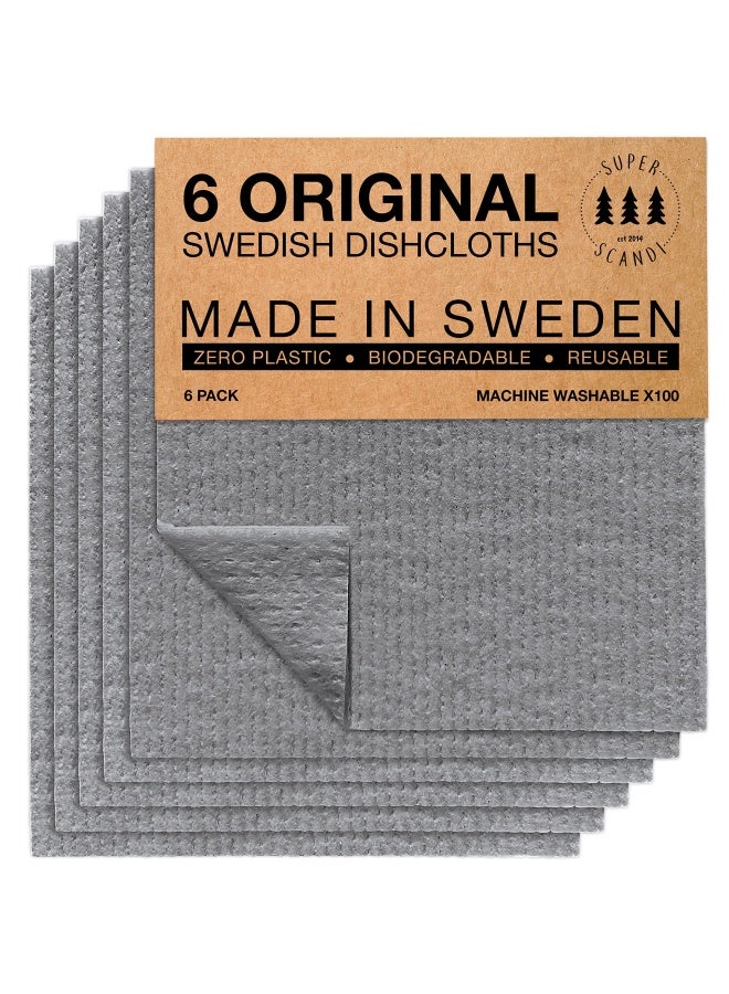 Superscandi Swedish Dishcloths For Kitchen 6 Pack Of Grey Reusable Compostable Kitchen Cloth Made In Sweden Cellulose Sponge Swedish Dish Cloths For Washing Dishes - Image 1