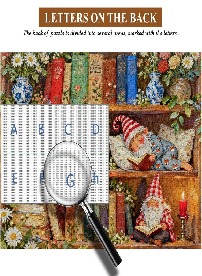 PICKFORU أحجية PICKFORU Gnomes Bookshelf المكونة من 1000 قطعة للبالغين، أحجية صورية على شكل زهور وكتاب، أحجية مكتبة عتيقة - Image 5
