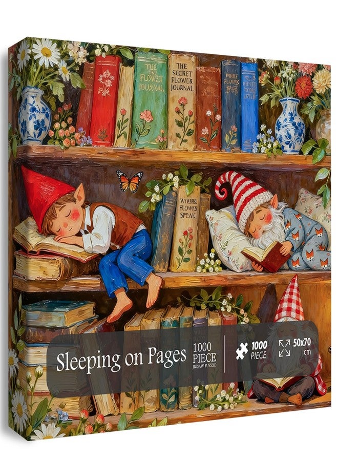 PICKFORU أحجية PICKFORU Gnomes Bookshelf المكونة من 1000 قطعة للبالغين، أحجية صورية على شكل زهور وكتاب، أحجية مكتبة عتيقة - Image 1
