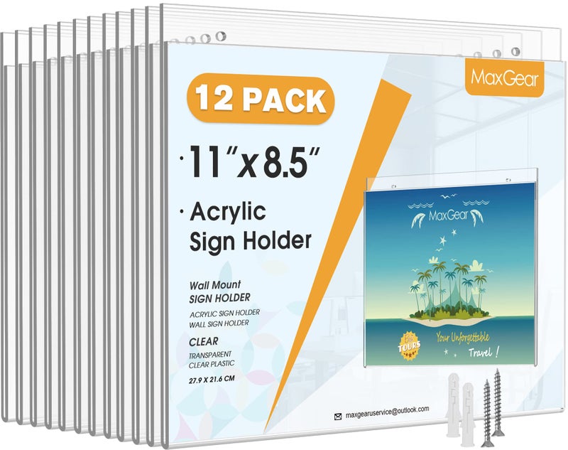 MaxGear Wall Mount Sign Holder 85 x 11 Inch Clear Plastic Picture Frames with Mounting Screws Door Sign Holders and Document Display Frame for Home Office Store Landscape 12 Pack
