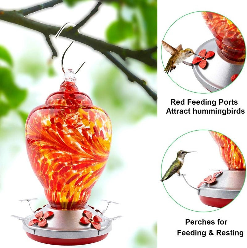 WOSIBO Hummingbird Feeder for Outdoors Patio Large 32 Ounces Colorful Hand Blown Glass Hummingbird Feeder with Ant Moat Hanging Hook, Rope, Brush and Service Card (RED) - Image 2