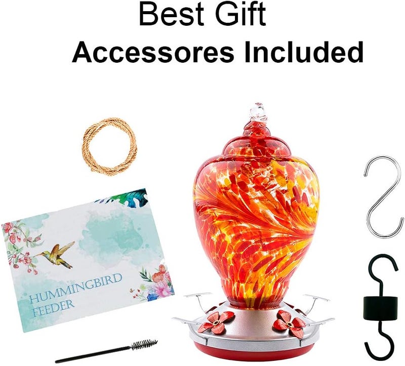 WOSIBO Hummingbird Feeder for Outdoors Patio Large 32 Ounces Colorful Hand Blown Glass Hummingbird Feeder with Ant Moat Hanging Hook, Rope, Brush and Service Card (RED) - Image 4