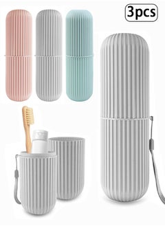 BONITO 3PCS Portable Travel Toothbrush Case, Toothbrush and Toothpaste Cup Holder for Storage Toothbrushes and Toothpaste, Toothpaste Storage for Business Trips Camping Hiking (Pink+grey+blue)  - Image 1
