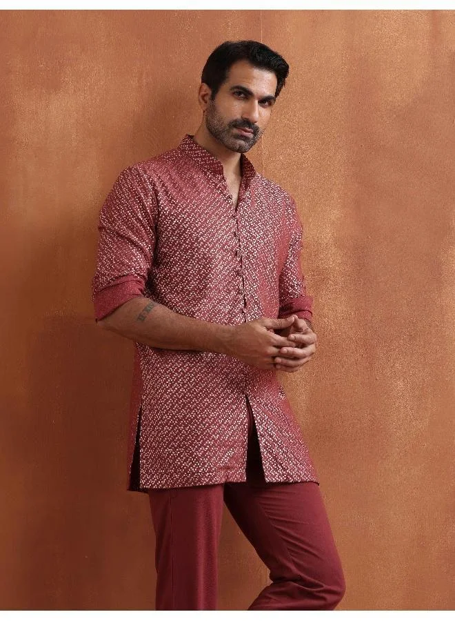 ترو برونز Men's Rust Cotton Dobby Short Kurta