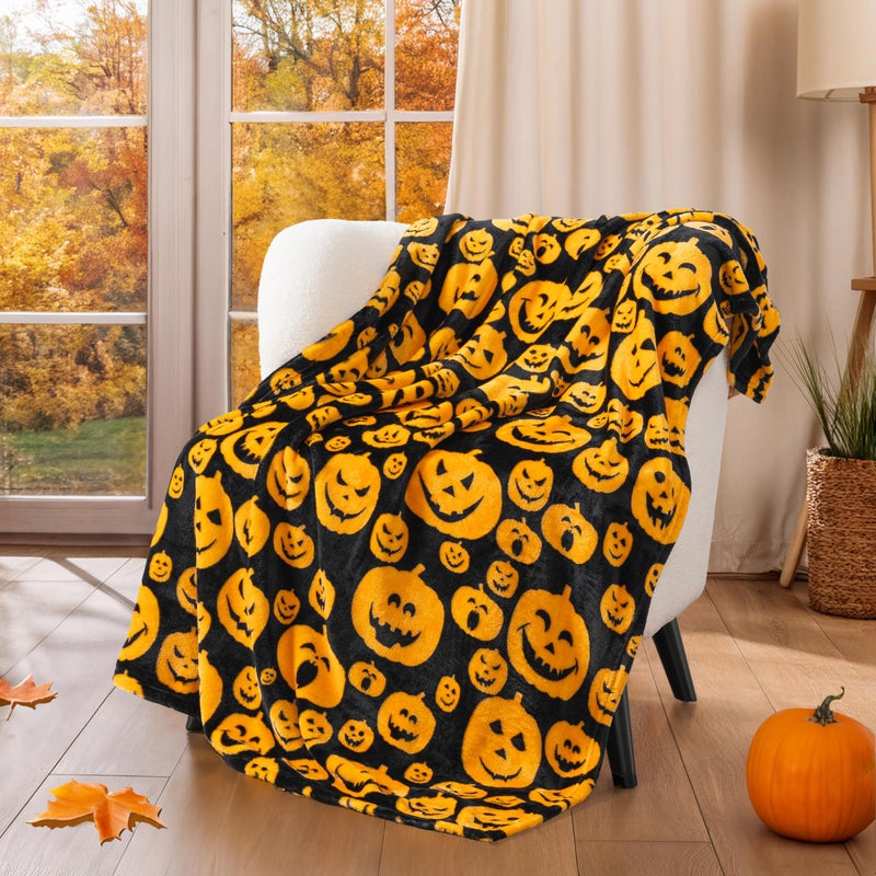 PAVILIA PAVILIA Halloween Throw Blanket for Couch | Orange Pumpkin Fall Fleece Blanket | Soft  Plush  Warm Black Fall Cabin Throw  60x80 (Pumpkin Halloween)  - Image 1