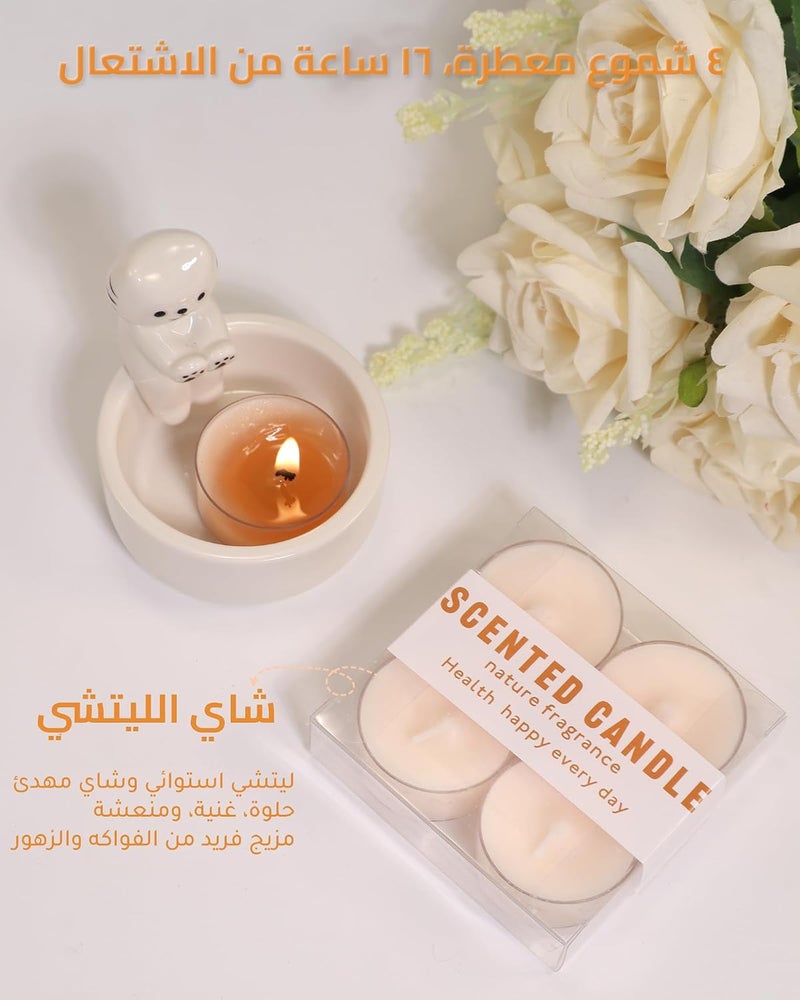 AntExpanse حامل شموع على شكل قط مع 4 شموع تي لايت معطرة وسلسلة مفاتيح مجانية، شمعدان خزفي لطيف على شكل قط، ديكور شموع بمخلب قط كرتوني، هدية لعشاق القطط للنساء، مجموعة علاج عطري منزلي - Image 4