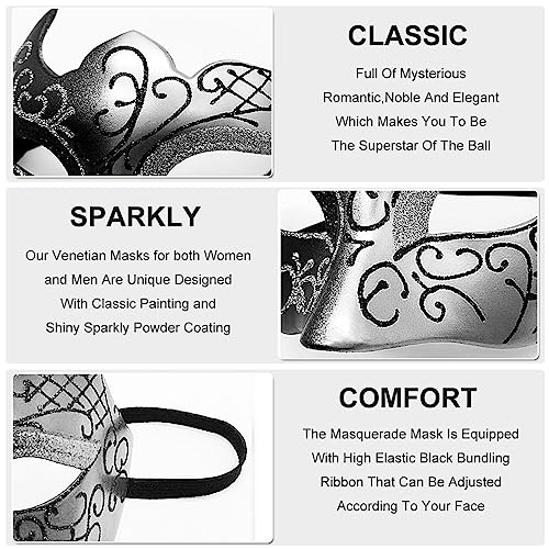 Ralleyfun Masquerade Mask for Men Couple Venetian Mask for Halloween Mardi Gras Costume Party Prom Ball (Black+Silver) - Image 3