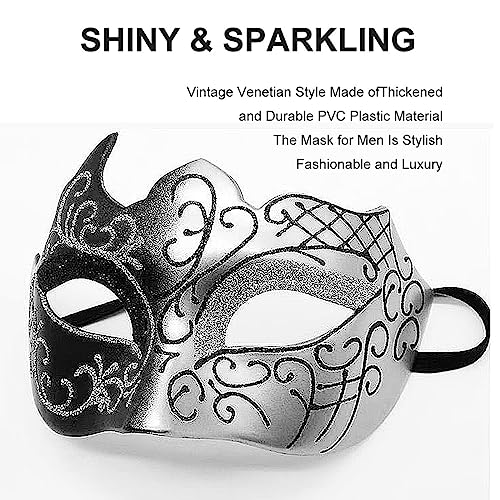 Ralleyfun Masquerade Mask for Men Couple Venetian Mask for Halloween Mardi Gras Costume Party Prom Ball (Black+Silver) - Image 2