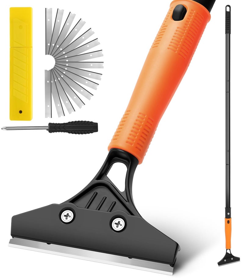 JIURAIN Razor Blade Floor Scraper with Long Handle, 4 Inch Floor Scraper Tools Heavy Duty with 10PCS Extra Metal Blades,Paint Scrapers for Cleaning Wall Glass Floor Paint Gum Stains Stickers Linoleum - Image 1