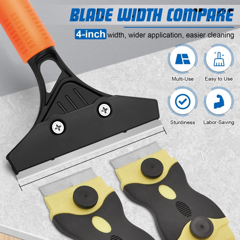 JIURAIN Razor Blade Floor Scraper with Long Handle, 4 Inch Floor Scraper Tools Heavy Duty with 10PCS Extra Metal Blades,Paint Scrapers for Cleaning Wall Glass Floor Paint Gum Stains Stickers Linoleum - Image 3