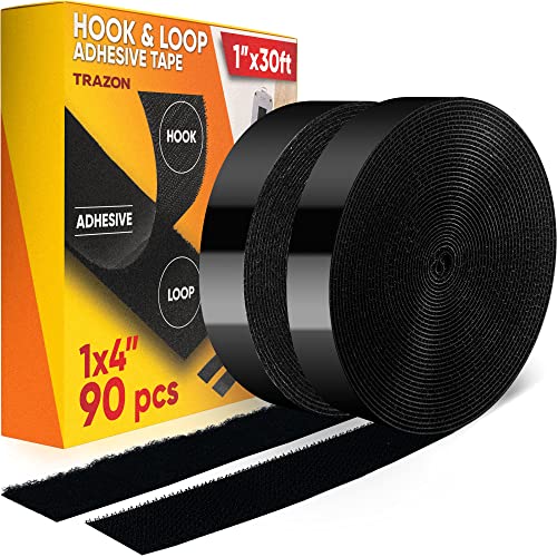Trazon Hook and Loop Tape Roll with Heavy Duty Adhesive Industrial Strength Easy to Cut, Strong Hook and Loop Strips with Sticky Back, Black 1 Inch x 30 Feet - Image 1