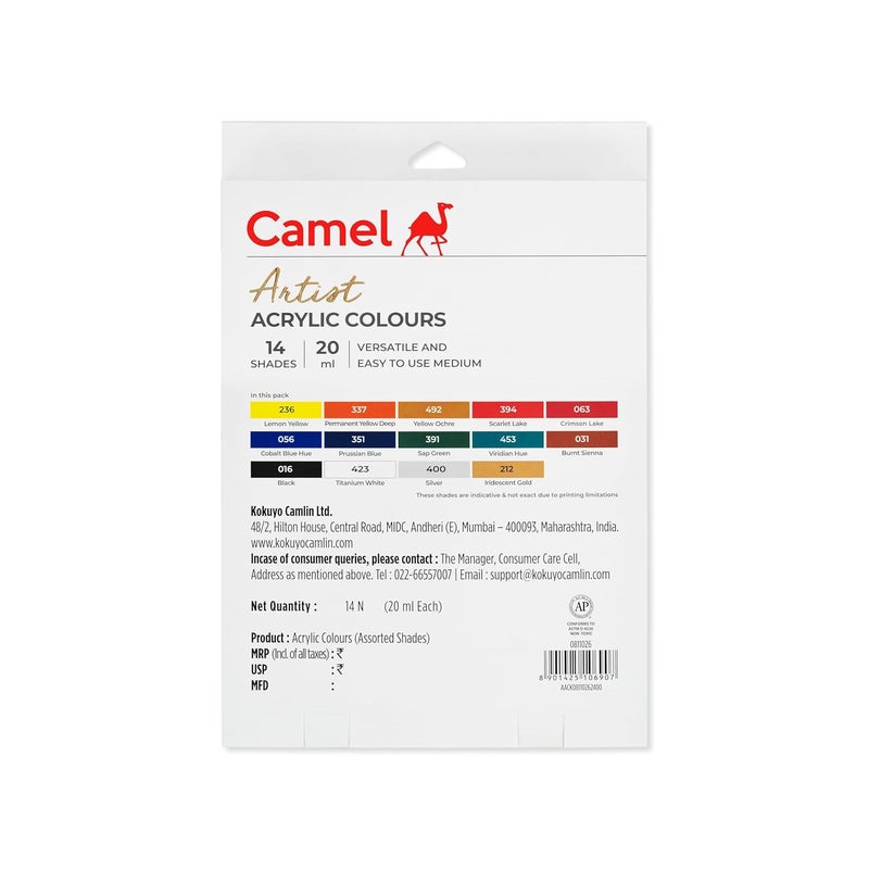 camel Artist Acrylic Colours 14 Shades x 20ml - Image 3
