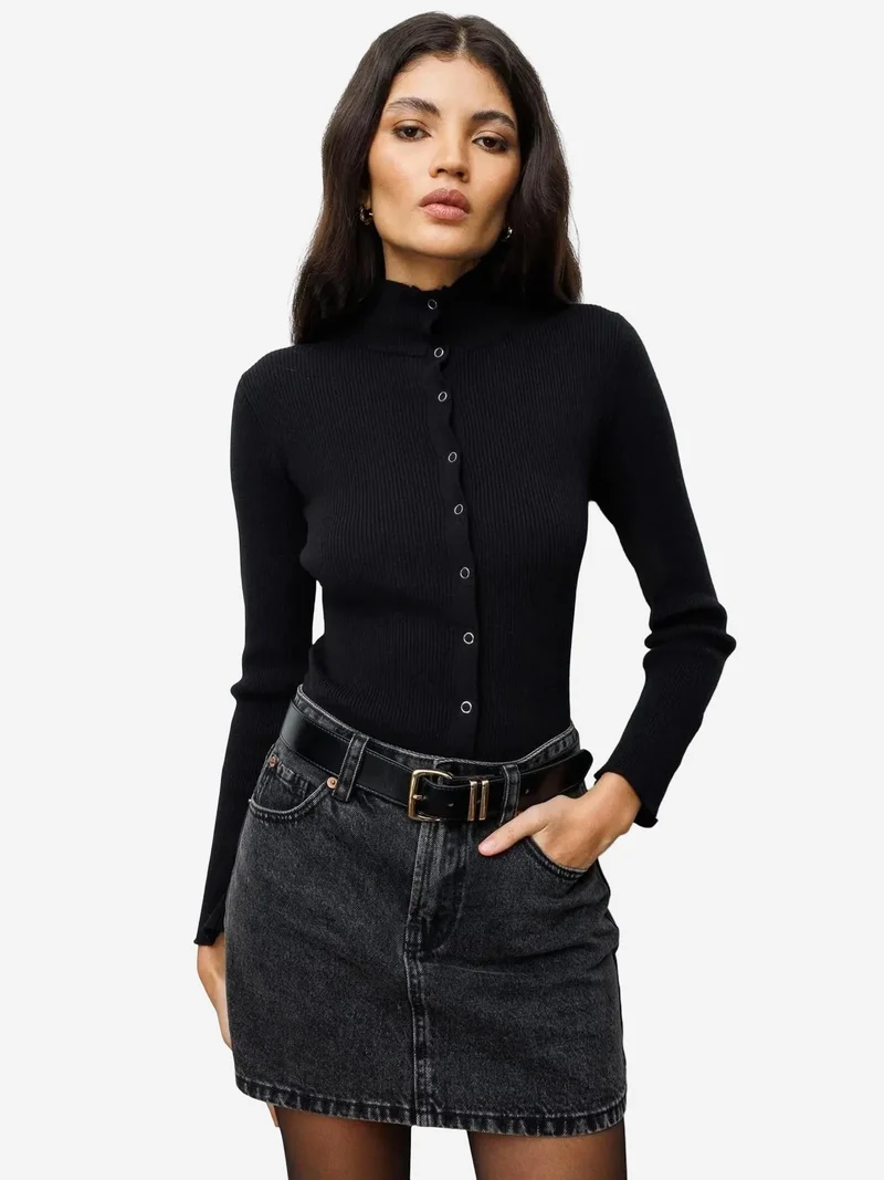 ميكسراي MIXRAY Slim Fit Half Turtleneck Cardigan with Button Closure