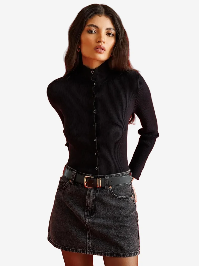 MixRay Black MIXRAY Slim Fit Half Turtleneck Cardigan with Button Closure for Women | Best Price UAE