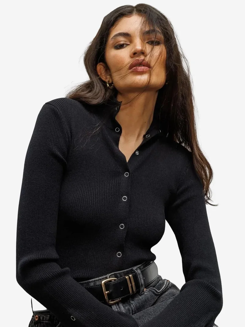 ميكسراي MIXRAY Slim Fit Half Turtleneck Cardigan with Button Closure