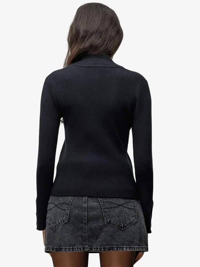 MixRay Black MIXRAY Slim Fit Half Turtleneck Cardigan with Button Closure for Women | Best Price UAE