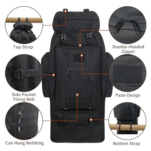 Vaupan Hiking Backpack, 100L Large Camping Backpack, Expandable Waterproof MOLLE Rucksack, Outdoor Sport Travel Daypack Military Tactical Back pack for Men Women (Black) - Image 3