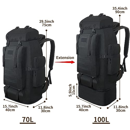 Vaupan Hiking Backpack, 100L Large Camping Backpack, Expandable Waterproof MOLLE Rucksack, Outdoor Sport Travel Daypack Military Tactical Back pack for Men Women (Black) - Image 2