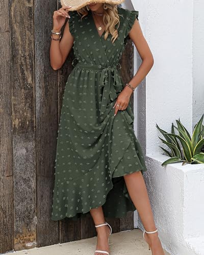 BTFBM Women V Neck Summer Dress 2025 Cap Sleeve Swiss Dot Boho Flowy Ruffle Slit Beach Party Long Maxi Cocktail Dresses(Army Green, X-Large) - Image 2