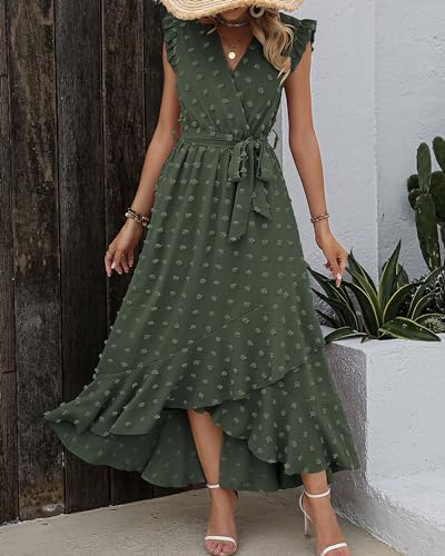 BTFBM Women V Neck Summer Dress 2025 Cap Sleeve Swiss Dot Boho Flowy Ruffle Slit Beach Party Long Maxi Cocktail Dresses(Army Green, X-Large) - Image 3
