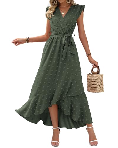 BTFBM Women V Neck Summer Dress 2025 Cap Sleeve Swiss Dot Boho Flowy Ruffle Slit Beach Party Long Maxi Cocktail Dresses(Army Green, X-Large) - Image 1