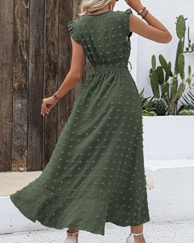 BTFBM Women V Neck Summer Dress 2025 Cap Sleeve Swiss Dot Boho Flowy Ruffle Slit Beach Party Long Maxi Cocktail Dresses(Army Green, X-Large) - Image 4