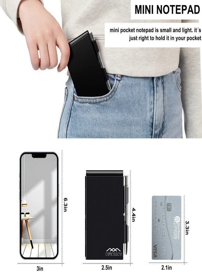 amassan Metal Small Notebook, Mini Notepad, Small Pocket Notepad Aluminum Note Case with Mini Metal Pen and 60-Page Sheets - Memo Books Note Pads, Solid Black - Image 3