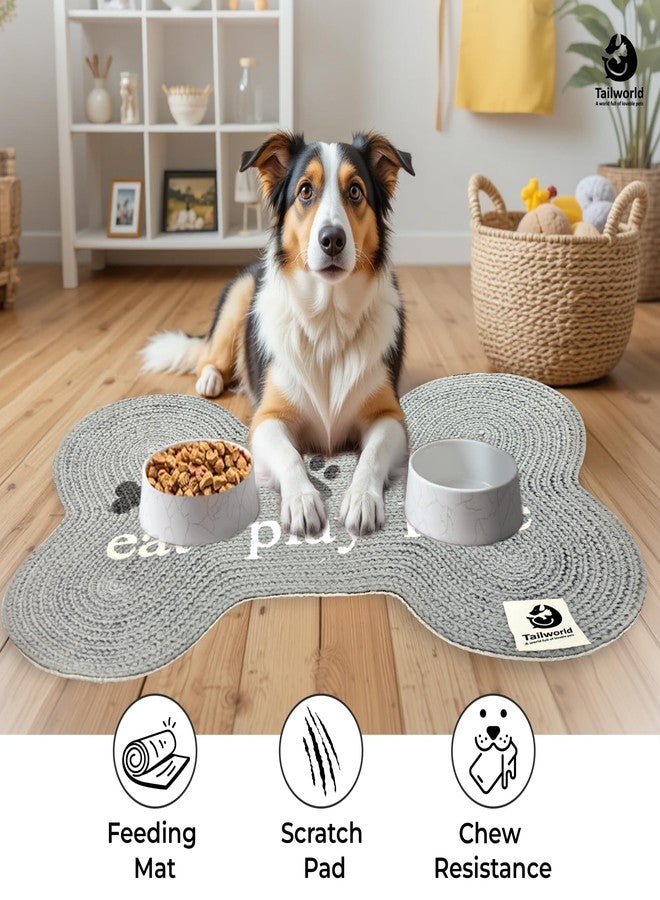 Tailworld Bone Shape Handwoven Woof Pet Mat for Dog & Cat|Hand Braided| Skin Friendly Food Mat| Floor Mat|Pet Area Carpet|Non-Slip Mat Indoor Outdoor Mat|60 * 40 CM| Grey - Image 3