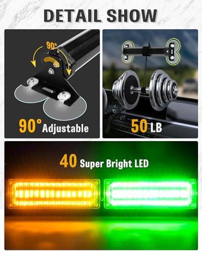 HLauto 1002L Emergency Strobe Traffic Advisor Light Bar: 40 LED Dash Safety Warning Flashing Light, Front/Rear Windshield Visor for Construction Vehicle, Tow/Plow Truck (2x10.7inch, Amber Green) - Image 5