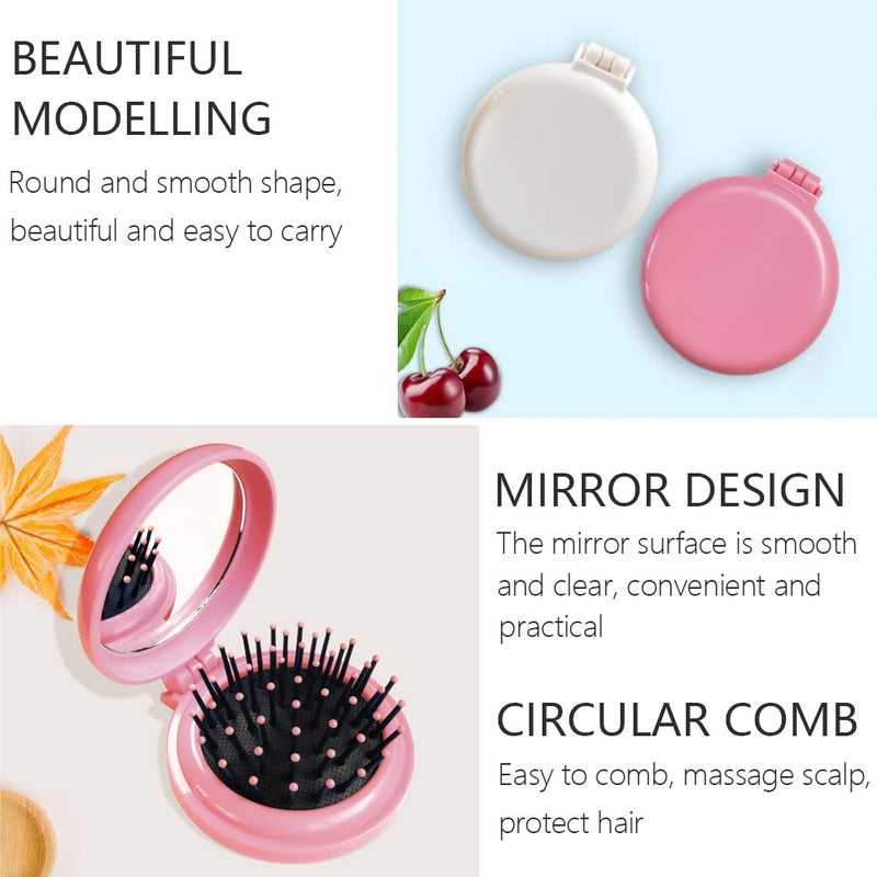 SportMore Folding Hair Brush with Mirror for Purse/Pocket,Round Mini Compact Massage Comb for Girls and Women (Pink+White) - Image 3