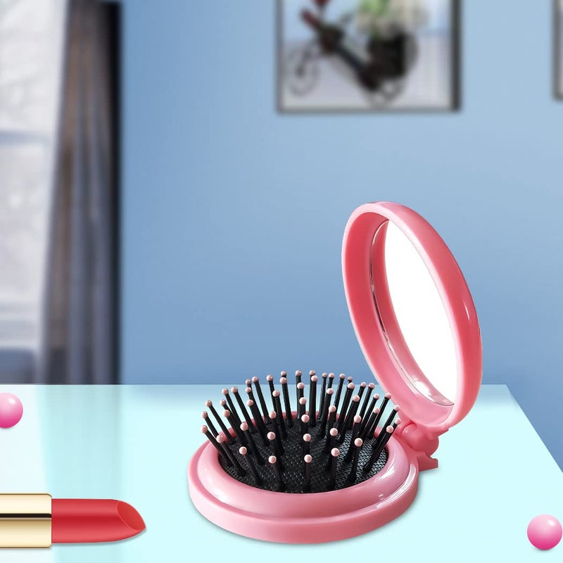 SportMore Folding Hair Brush with Mirror for Purse/Pocket,Round Mini Compact Massage Comb for Girls and Women (Pink+White) - Image 4