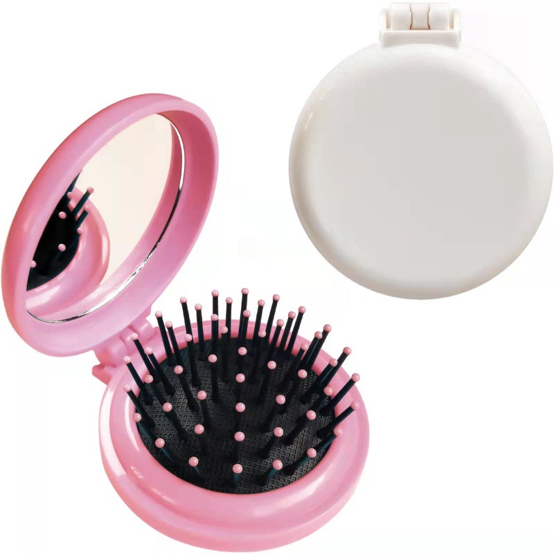 SportMore Folding Hair Brush with Mirror for Purse/Pocket,Round Mini Compact Massage Comb for Girls and Women (Pink+White) - Image 1