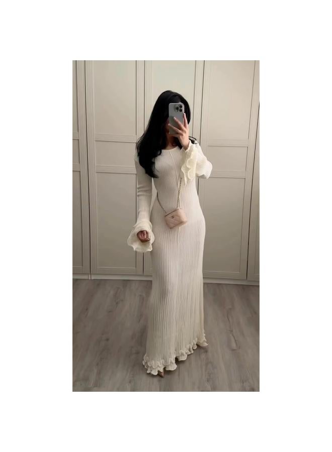 European And American Women's Explosion Pleated Wavy Backless Long Sleeve Dress 