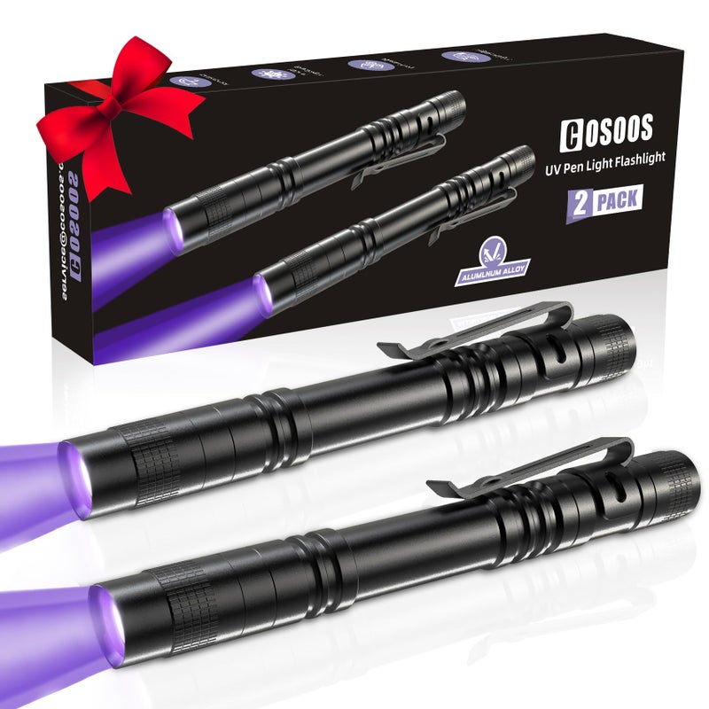 COSOOS 2 UV Black Light Flashlight, 2 Pack 395nm Mini Pen Light with Clip, Waterproof Ultraviolet Flashlight for Leak, Pet Urine, Scorpion, Hotel Inspection, Dry Stain and Bed Bug. - Image 1