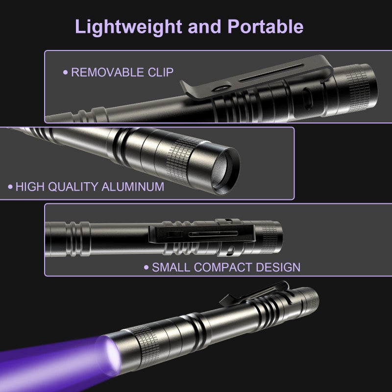 COSOOS 2 UV Black Light Flashlight, 2 Pack 395nm Mini Pen Light with Clip, Waterproof Ultraviolet Flashlight for Leak, Pet Urine, Scorpion, Hotel Inspection, Dry Stain and Bed Bug. - Image 3