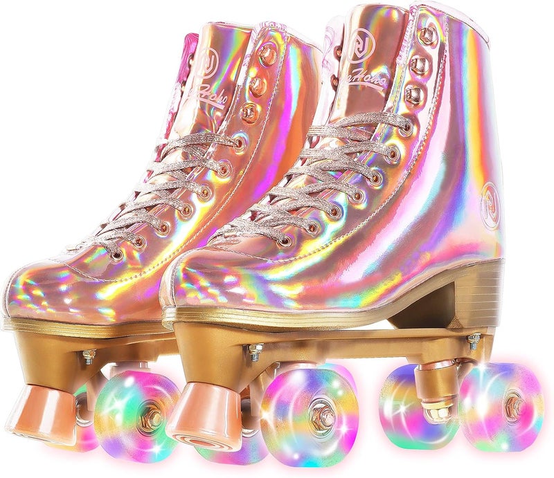 JajaHoho Holographic High Top Roller Skates for Women - Rose Gold with Light Up Wheels - Image 1