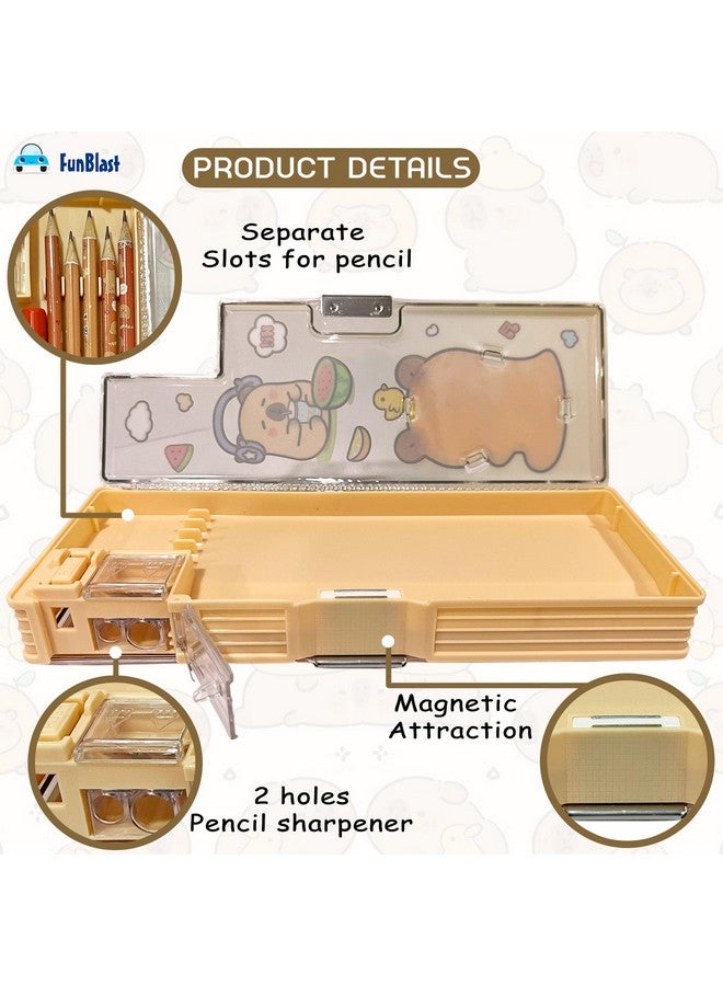 FunBlast Capybara Pencil Case Box - Double Compartment Magnetic Pencil with Sharpener, Pen & Pencil Holder, Stationary Organizer Box for Kids, Girls (Random Print and Color) - Image 4
