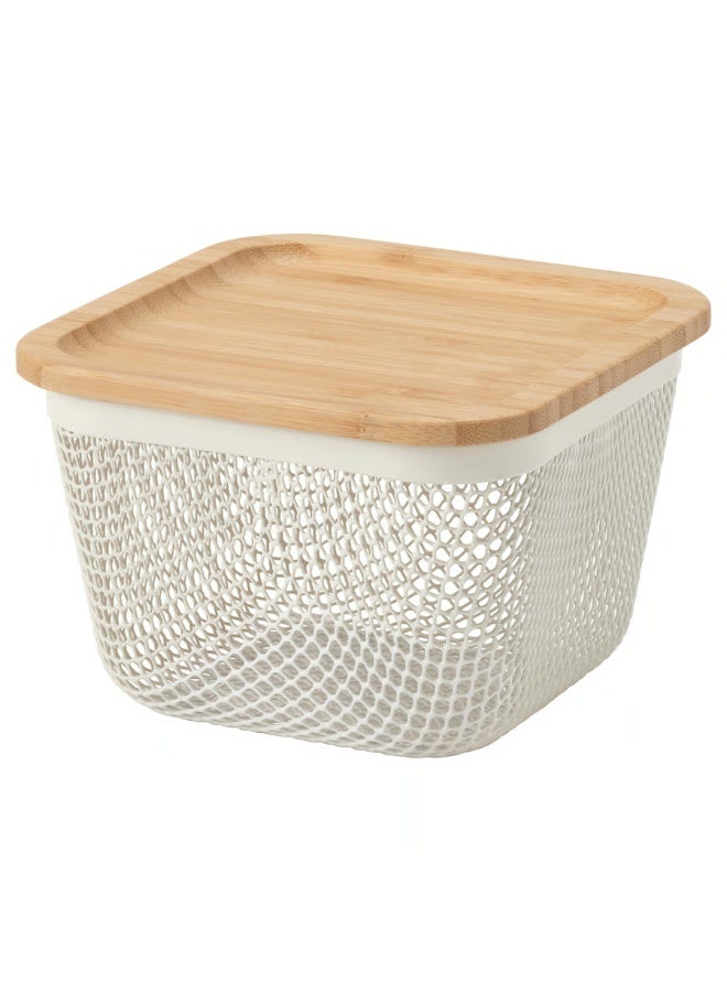 Food Storage Basket With Lid square Metal White Bamboo 15x15x11 cm - Image 1