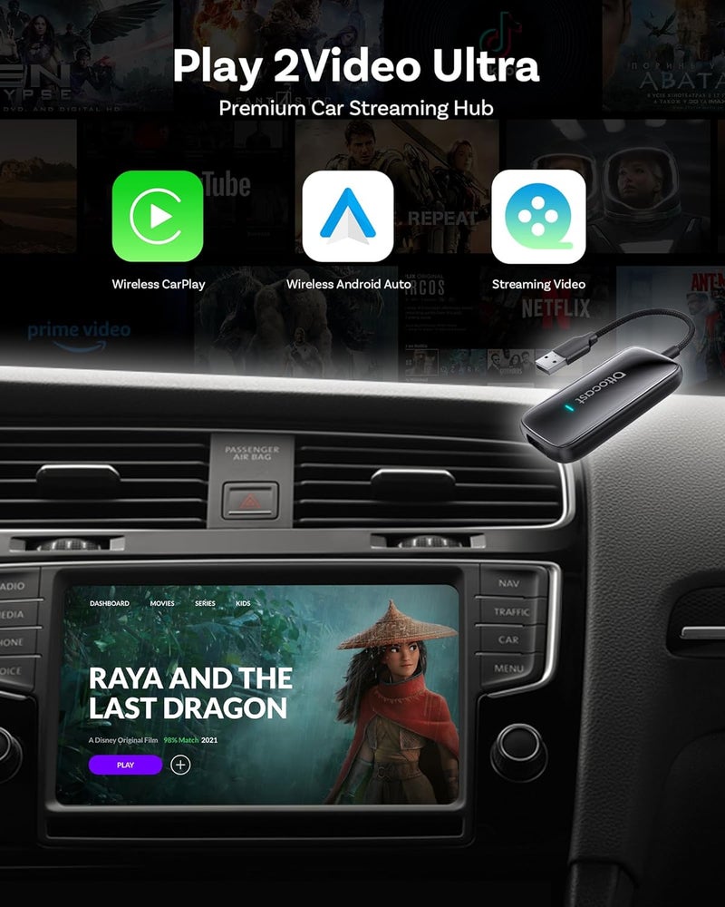 أوتوكاست OTTOCAST Play2Video Ultra – محول CarPlay اللاسلكي وAndroid Auto مع يوتيوب، نتفليكس، سبوتيفاي، IPTV | واي فاي 5GHz، اتصال تلقائي، بدون تأخير - Image 2