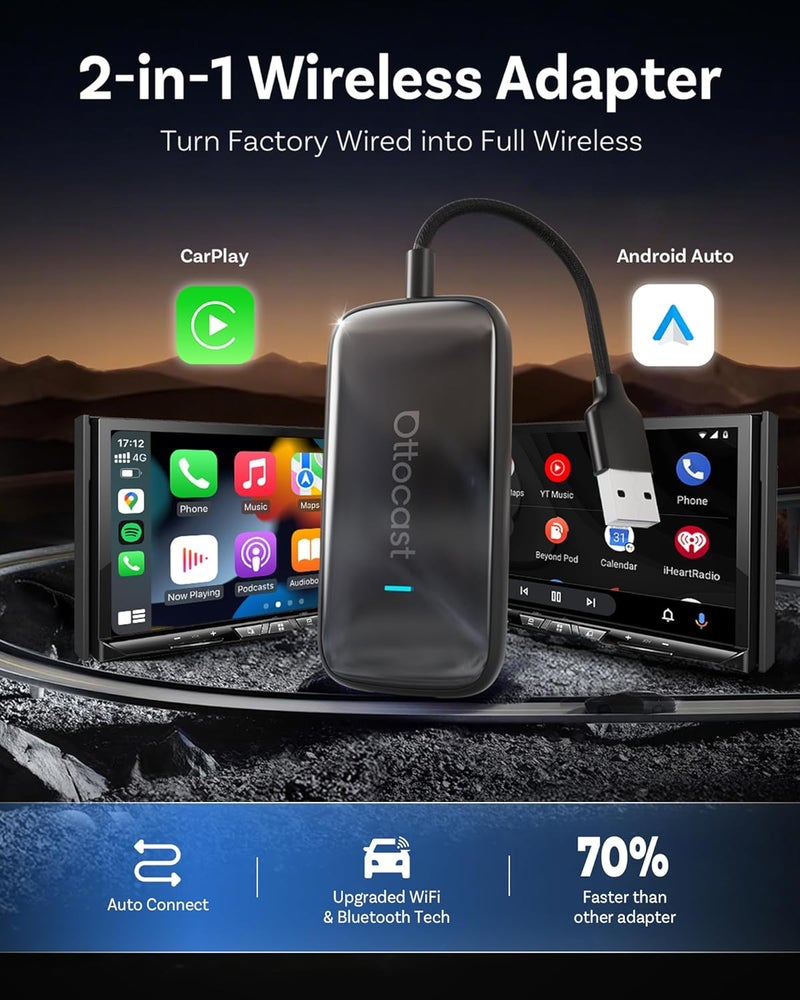 أوتوكاست OTTOCAST Play2Video Ultra – محول CarPlay اللاسلكي وAndroid Auto مع يوتيوب، نتفليكس، سبوتيفاي، IPTV | واي فاي 5GHz، اتصال تلقائي، بدون تأخير - Image 3