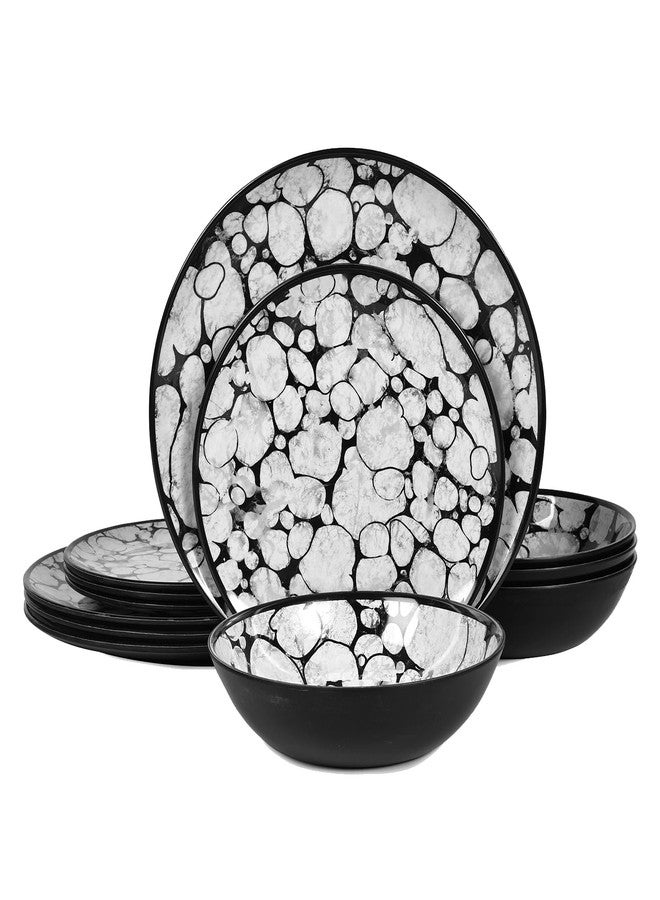 Lechoo Melamine Dinnerware Sets 12pcs Rustic Farmhouse Dinner Dishes Set Lightweight Service for 4 Plastic Plates and Bowls Set, Modern Gray Bubble - Image 1