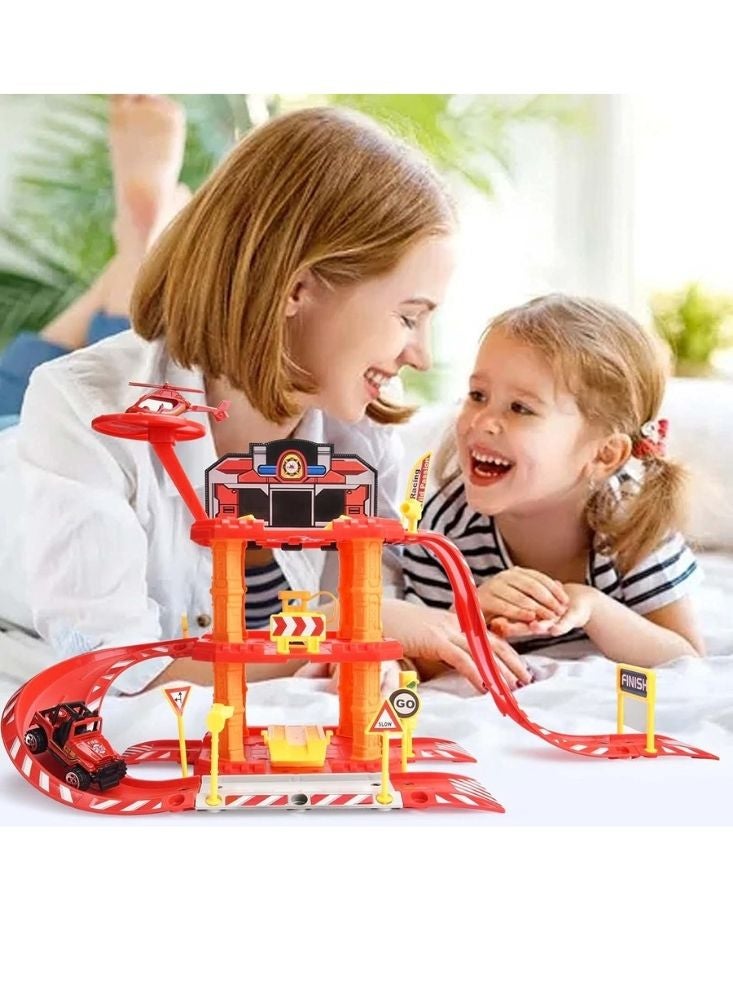 بريميم مجموعة ألعاب مواقف سيارات الإطفاء والإنقاذ - مجموعة لعب متعددة المستويات مع سيارات ومسارات وطائرات هليكوبتر - Image 3