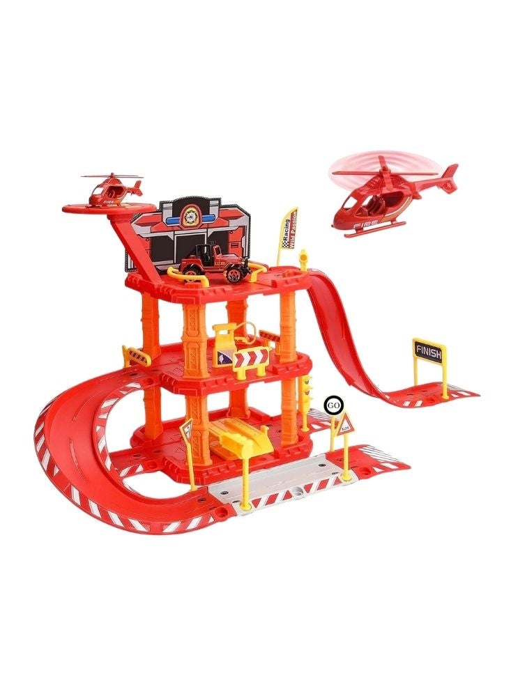 بريميم مجموعة ألعاب مواقف سيارات الإطفاء والإنقاذ - مجموعة لعب متعددة المستويات مع سيارات ومسارات وطائرات هليكوبتر - Image 1