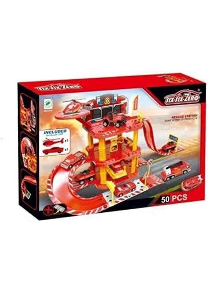 بريميم مجموعة ألعاب مواقف سيارات الإطفاء والإنقاذ - مجموعة لعب متعددة المستويات مع سيارات ومسارات وطائرات هليكوبتر - Image 2