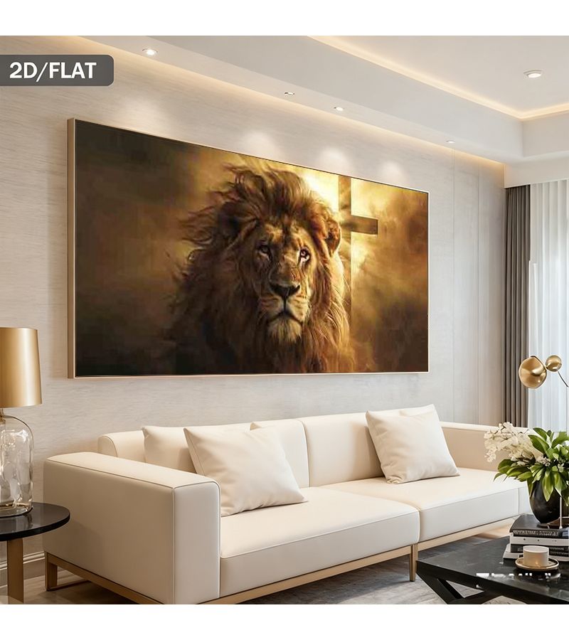 ملصق قماشي لأسد مقاس 24 × 48 بوصة غير مؤطر، فن جداري مسيحي، ديكور بسيط باللون البيج الذهبي لغرفة المعيشة وغرفة النوم - Image 1