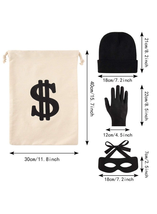 YAROMO 4 Pieces Robber Costume Set, Include Canvas Dollar Sign Money Bags Bandit Eye Mask Knit Beanie Cap for Halloween Cosplay Burglar Theme Party - Image 2
