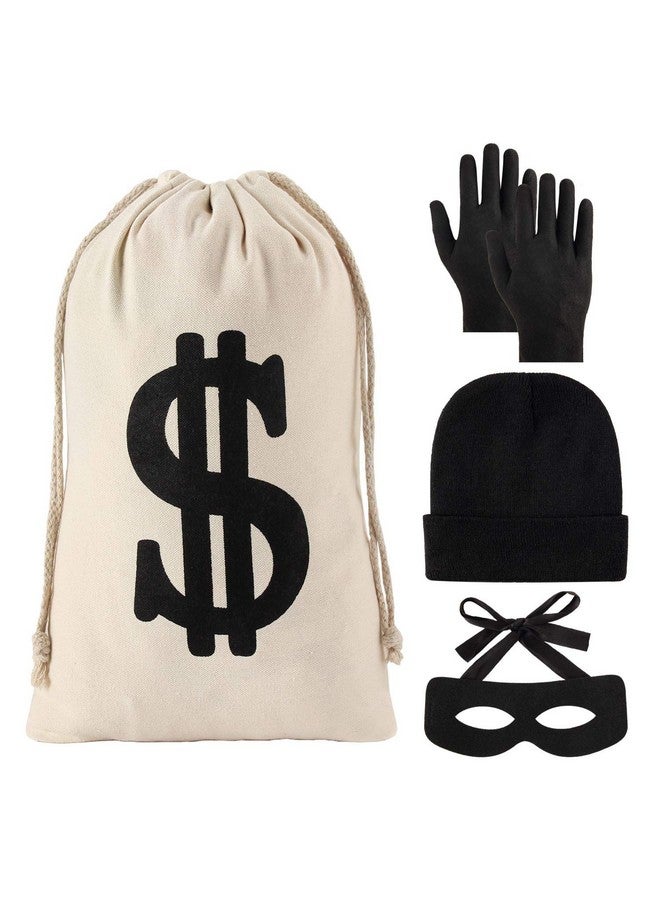 YAROMO 4 Pieces Robber Costume Set, Include Canvas Dollar Sign Money Bags Bandit Eye Mask Knit Beanie Cap for Halloween Cosplay Burglar Theme Party - Image 1